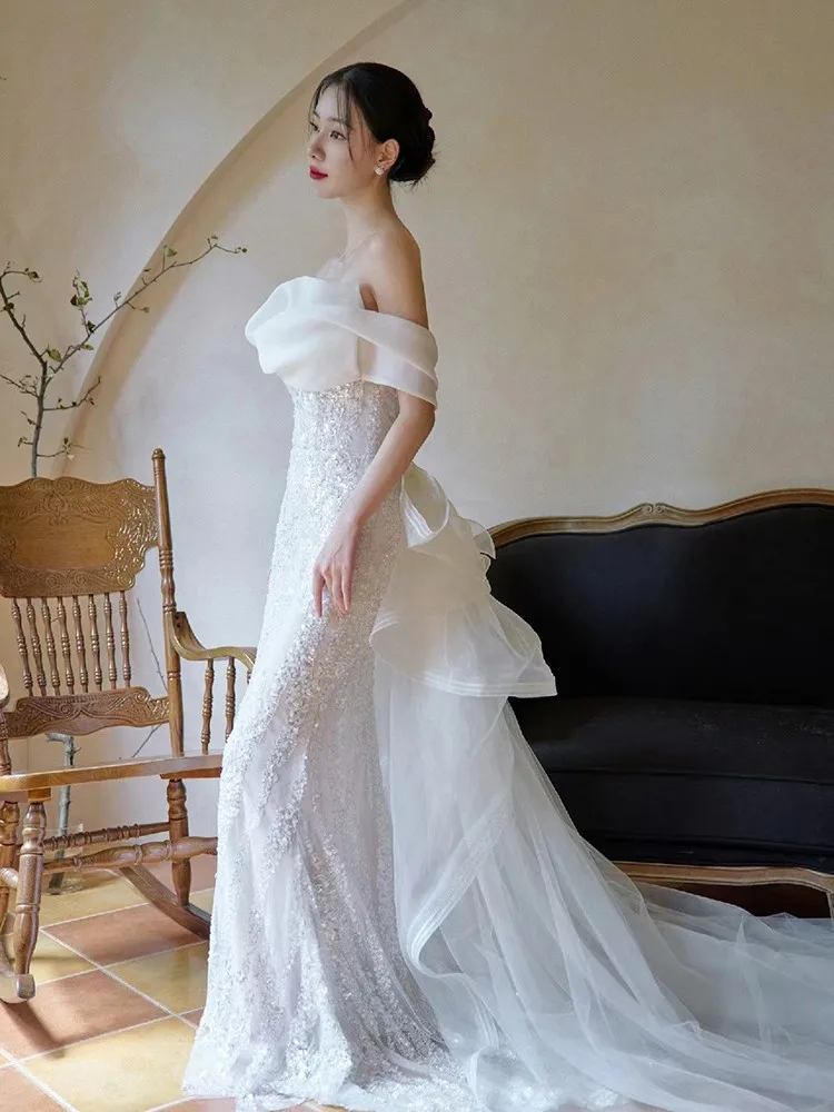 Fishtail Light New Wedding Dress Mori Style Sense Veil Temperament off-Shoulder Evening for Women