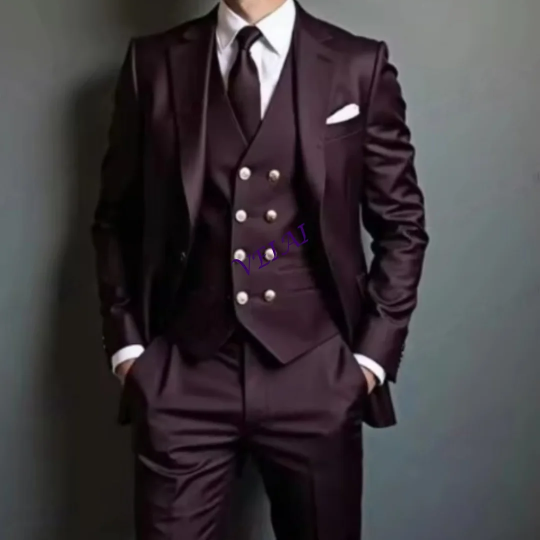 Customized Dark Purple 3-Piece Men's Business Suit Tuxedo Jacket Vest Pants Set for Groomsmen Wedding Party Formal Wear
