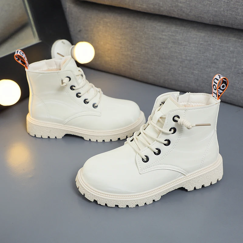 Leather Children Boots Girls Plush Shoes Winter Warm Cotton Sneaker Casual Sports White Pink Lace Up Snow Short Boots for Girl