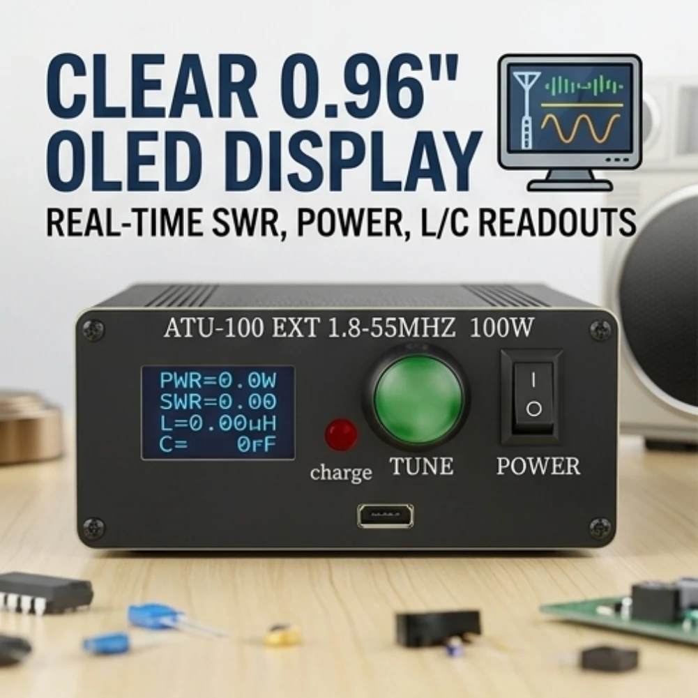 

ATU100 Pro+ 1.8-55MHz Automatic Antenna Tuner 0.96 Inch OLED Display ABS Shell Rechargeable Battery HF Matcher for Ham Radio