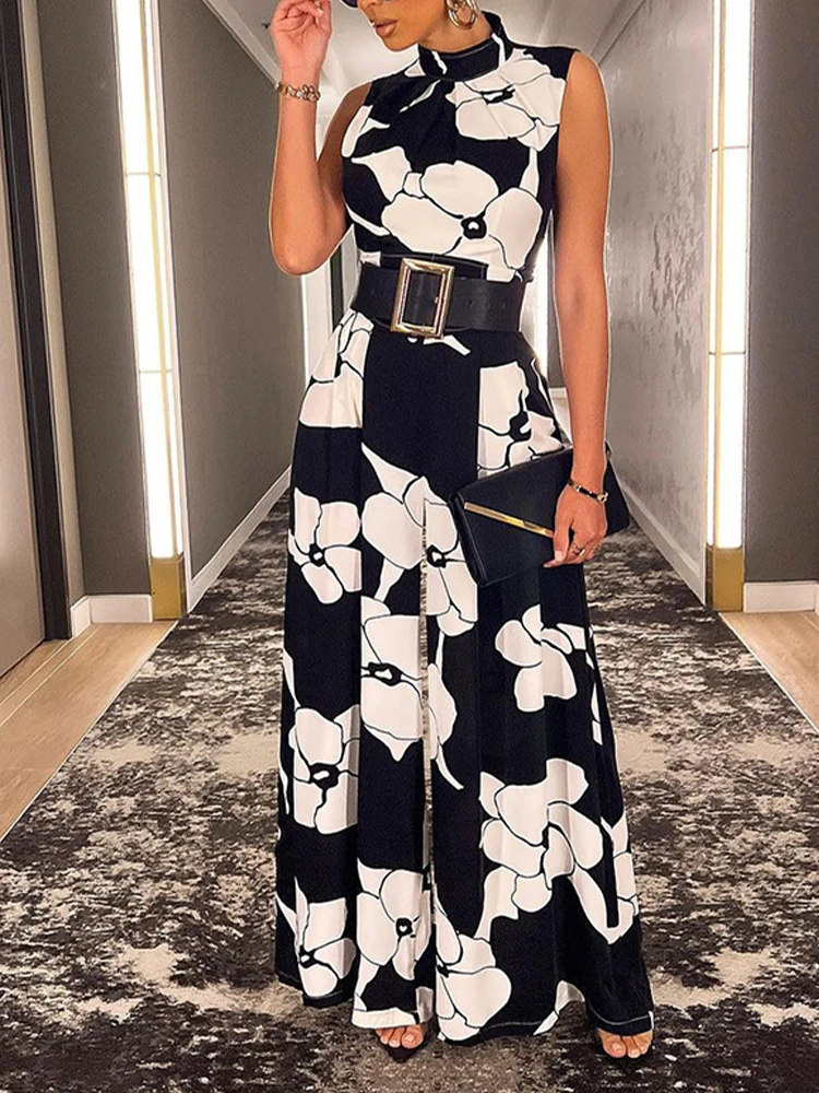 

OMSJ Summer Fashion Jumpsuits Women's Elegance Overalls Sleeveless Belted Half High Neck Floral Printing Commuter Casual Rompers