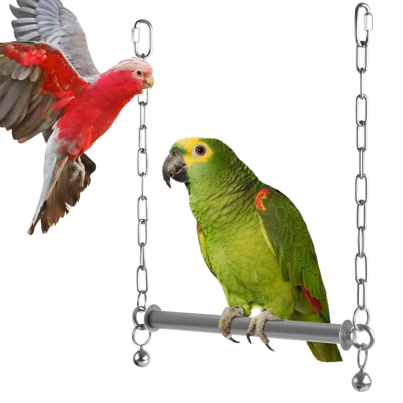 

Качели для птиц из нержавеющей стали, большие, с перьястой подставкой и колокольчиком, для конюров, неразлучников, канареек, амазонок, африканских серых попугаев, какаду