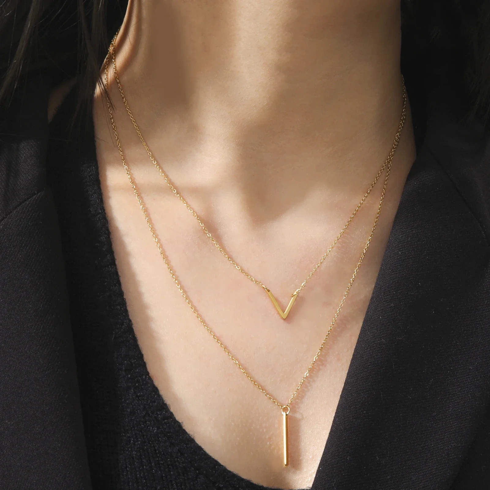 Skyrim Simple Double Layers Geometric Round Pendant Necklace for Women Stainless Steel Gold Color Jewelry on the Neck
