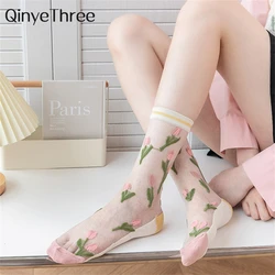 Chic Summer Beautiful Ultra Thin Tulip Fairy Style Transparent Crystal Glass Silk Women's Socks Trendy Soft Breathable Sokken