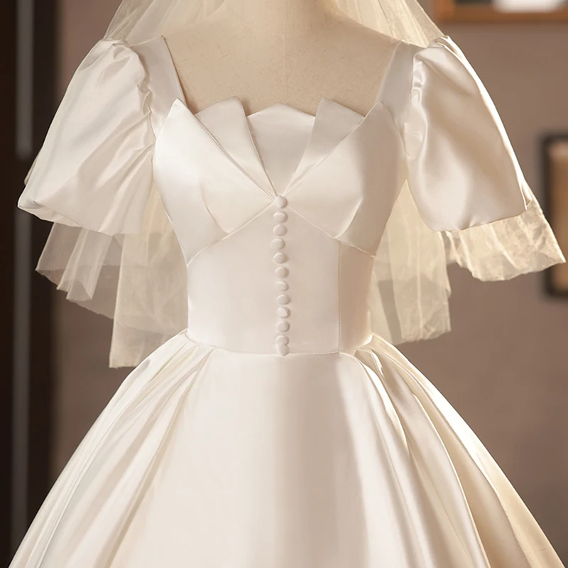 AnXin SH principessa bianco raso innamorato perline bottone una linea manica corta a sbuffo abito da sera personalizzato abitino bianco