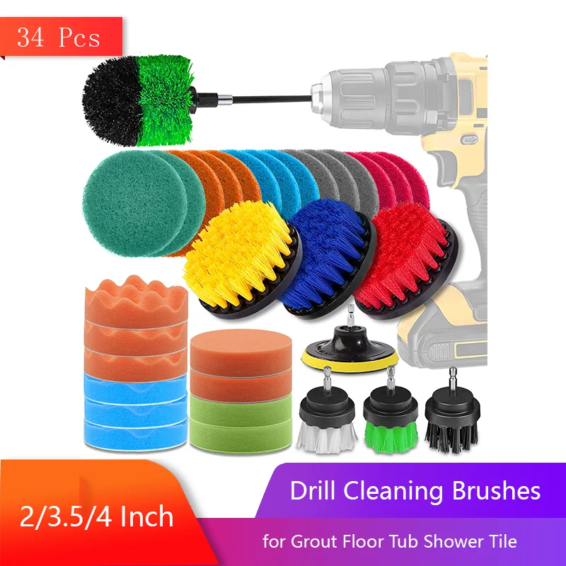 34 Pcs Drill Cleaning Brushes 2/3.5/4 Inch Attachment Power Scrubber Brush for Grout Floor Tub Shower Tile Bathroom and Kitchen