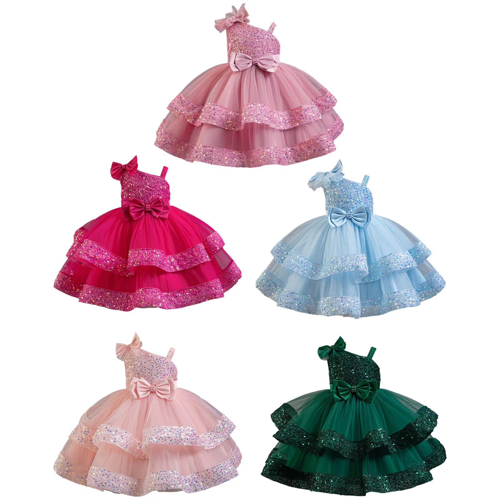 Vestido infantil de princesa com lantejoulas para meninas, vestido de festa de aniversário com flores para casamento, sem mangas, malha com laço