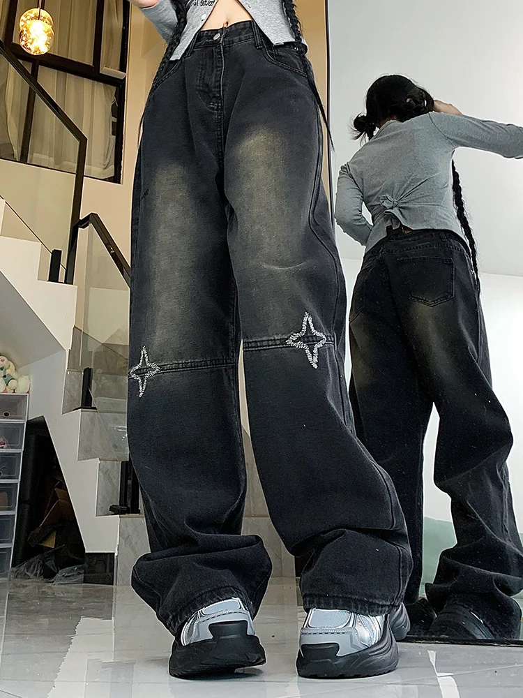 Woman American Retro Creative Stars High Street Embroidery Straight Leg Jeans Female Black Slim High Waist Loose Washed Pants