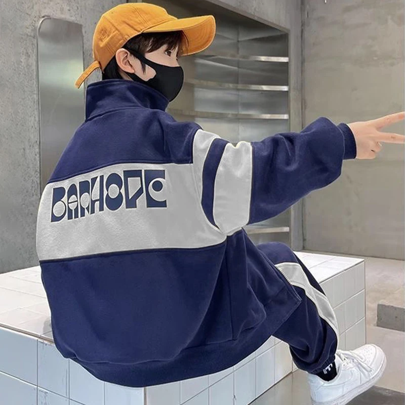 Modny zestaw ubrań dla chłopców Wiosna Jesień Patchworkowa kurtka na zamek błyskawiczny Spodnie 2 szt. Dla dzieci w wieku 4-12 lat Dresy dla nastolatków Stroje codzienne