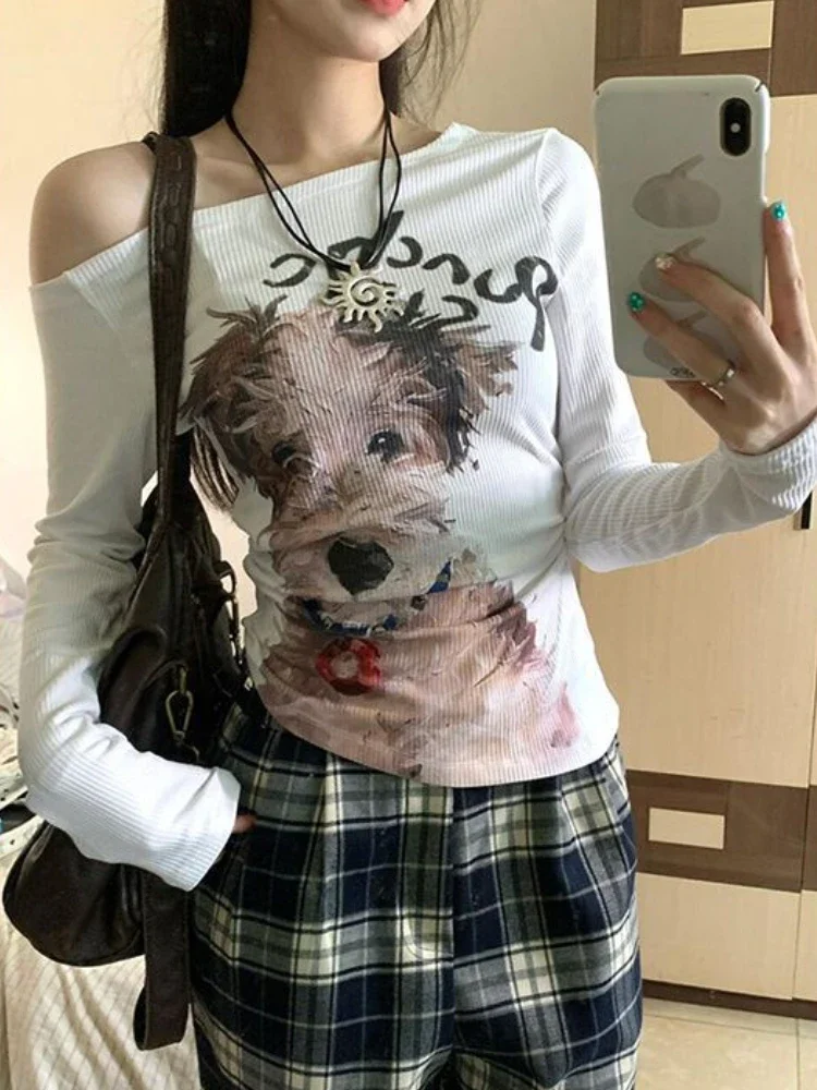 ADAgirl Kawaii Dog Oil Painting T-shirts for Women Slash Neck Graphic Tee Shirts Cotton Long Sleeve Cutecore Aesthetic Clothes