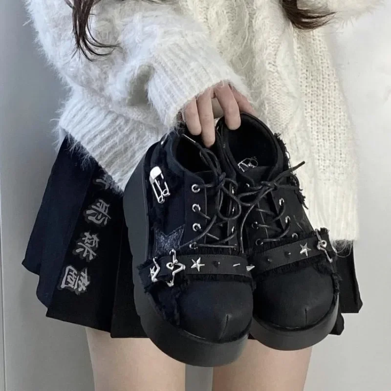 Punk Gothic Lolita Shoes Women Paltform Denim Shoes Design Stars Metal Chain Blue Denim Boots Cosplay Ladies Boots Jk Black Shoe