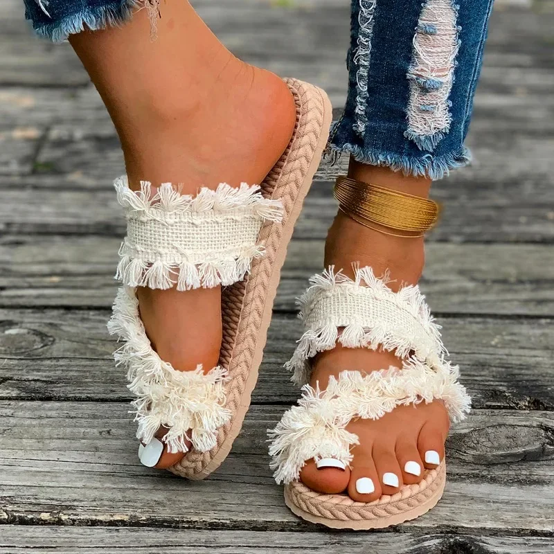 Flat Slippers Summer New Round Head Set Toe Tassel Soft Soled Beach Shoes Lightweight Anti-slip Wear Slippers women shoes