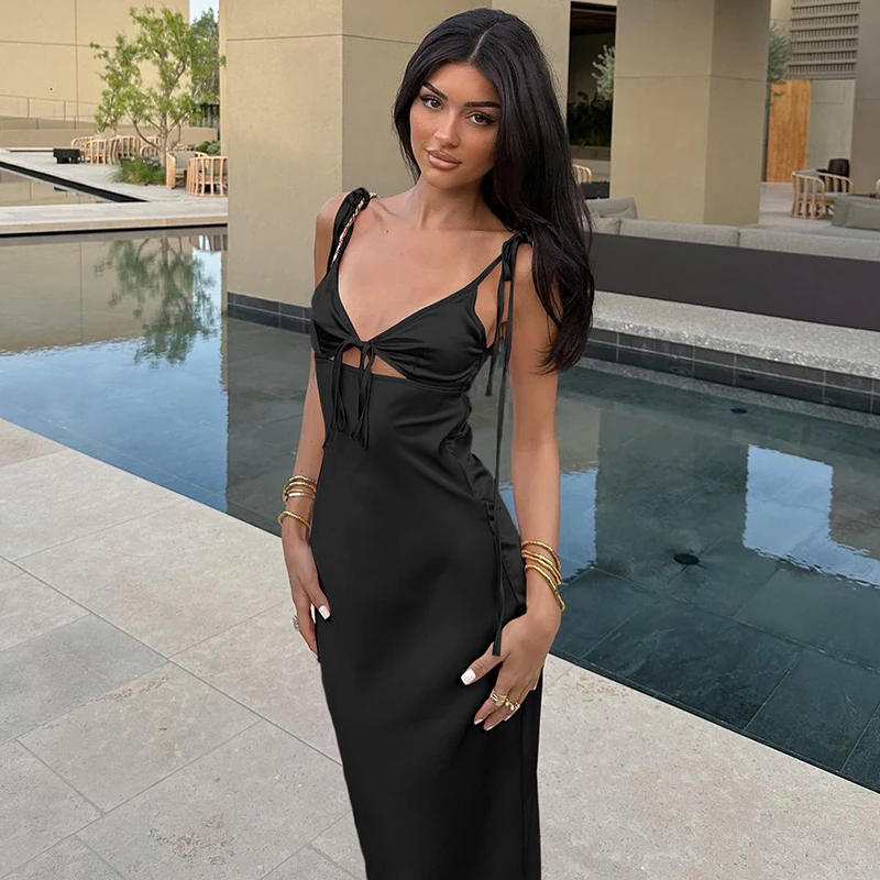 Robe longue de plage à lacets pour femmes, col en v, bretelles Spaghetti, mode, Sexy, sans manches, Slim, vêtements d'été