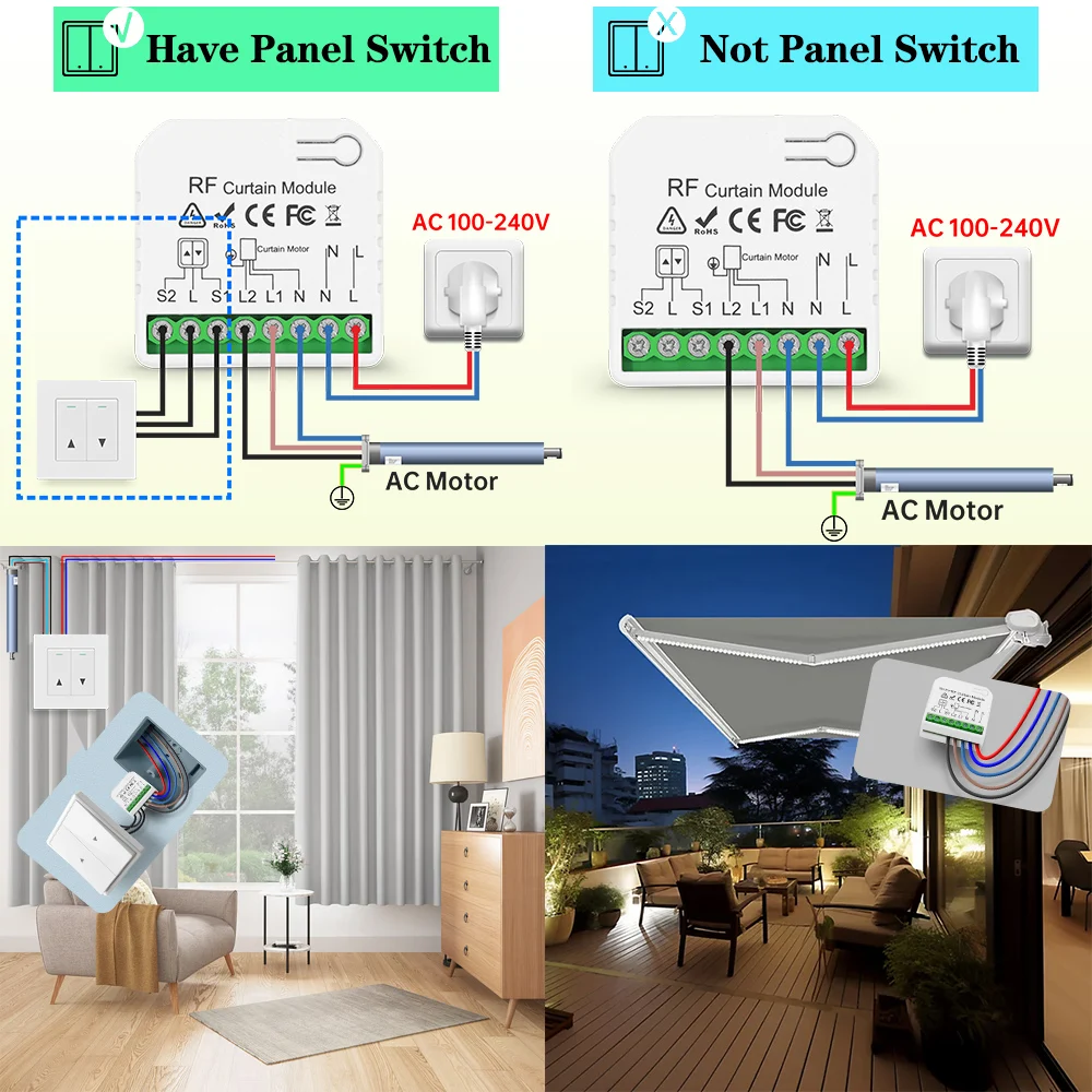 RF Curtain Switch Module 110V 220V 433MHz 5-in-1 Wireless Remote Control for Blind/Roller Shutter/Garage Door