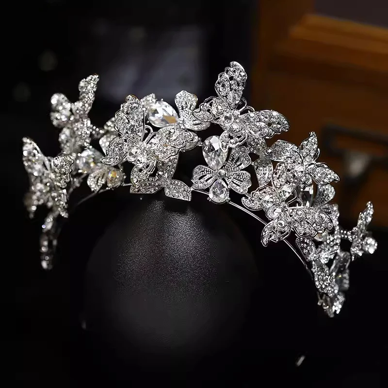 

Пружинная бабочка, свадебная корона для волос, головной убор со стразами, свадебный аксессуар принцессы, уменьшающая возраст повязка для волос, ювелирные изделия