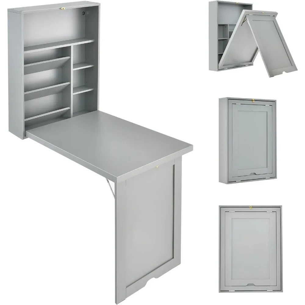 

Folding Wall Mounted Desk, Fold Down Table with Storage Shelves, Wood Convertible Floating Table for Small Spaces