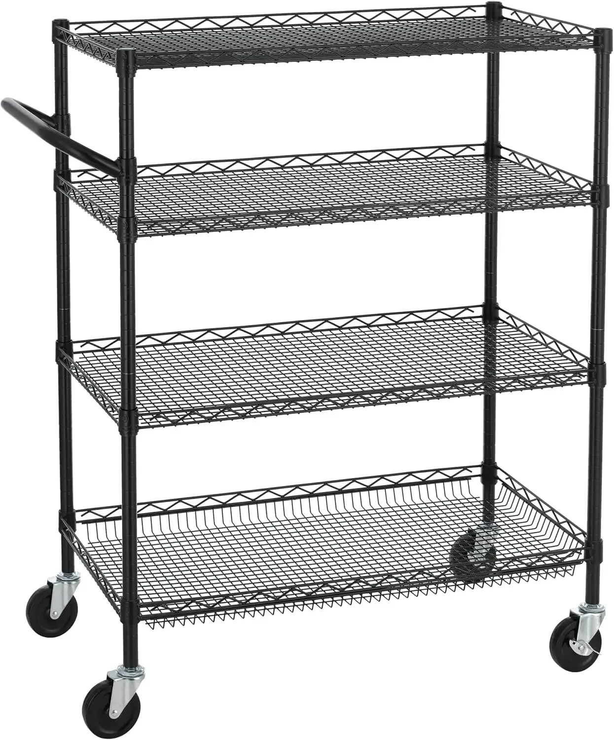 

Четырехуровневая тележка коммерческого класса повышенной прочности с ручкой, металлическая проволочная тележка на колесах, сервисная тележка на колесах