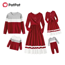 PatPat Valentine's Day Family Matching Burgundy Ribbed Crisscross Pleated Midi Dresses and Long-sleeve Colorblock Tops Sets