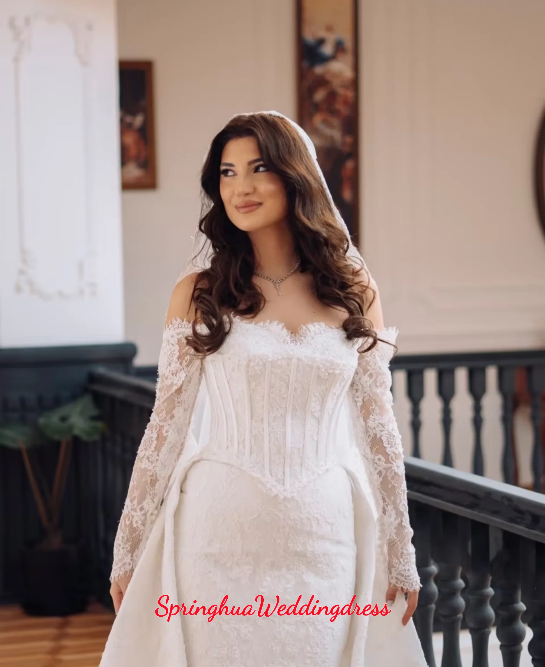 Customized Elegant Off Shoulder Long Sleeve Mermaid White WeddingDress Tight corset Detachable tail Retro Lace Vestidos De Novia
