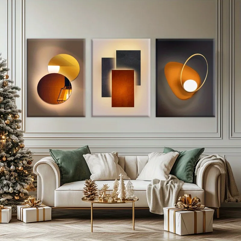 3PCS Modern Geometric Shadow Light Canvas Print, Orange Brown Warm Tone Abstract Art For Living Room Wall Decoration