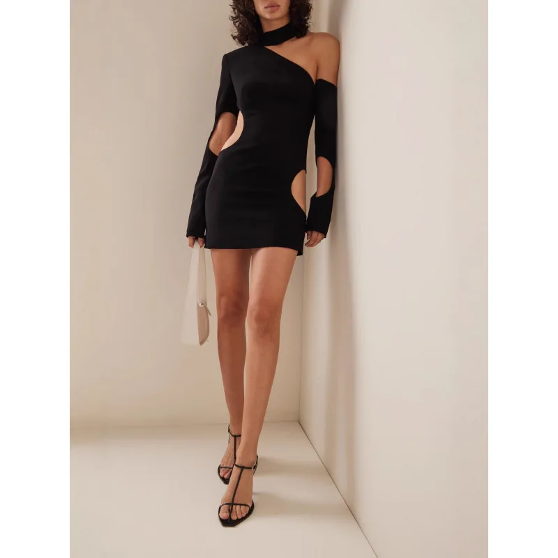 섹시한 슬림핏 비대칭 홀터넥 드레스, 패셔너블한 컷아웃 디자인의 우아한 긴팔 파티 드레스 (여성용)