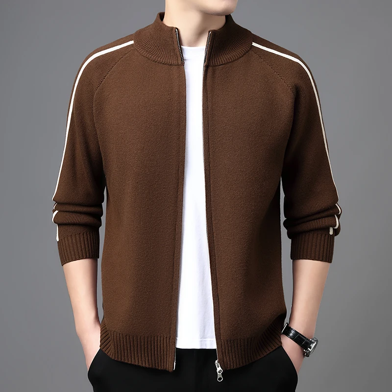 الرجال عارضة سترة البلوزات الخريف الشتاء تريكو أسود أخضر القهوة سستة مفتوحة الأكمام شريط تصميم محبوك سترة الحد الأدنى