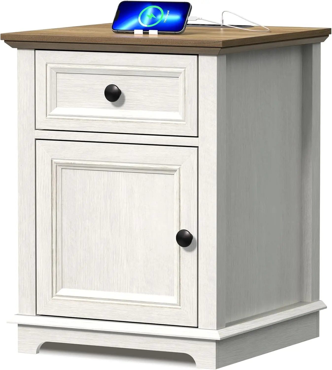 End Table with Charging Station, Fast Charge, End Table with Drawer, Big Storage Side Table for Living Room/Bedroom, White