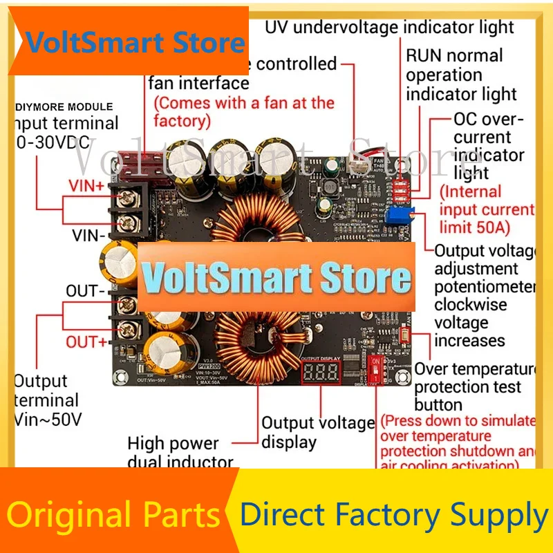VoltS1200W 50A High Current Boost Power Supply Module Dual Inductors Full Power Low Ripple Power Supply For Audio Amplifier PW12