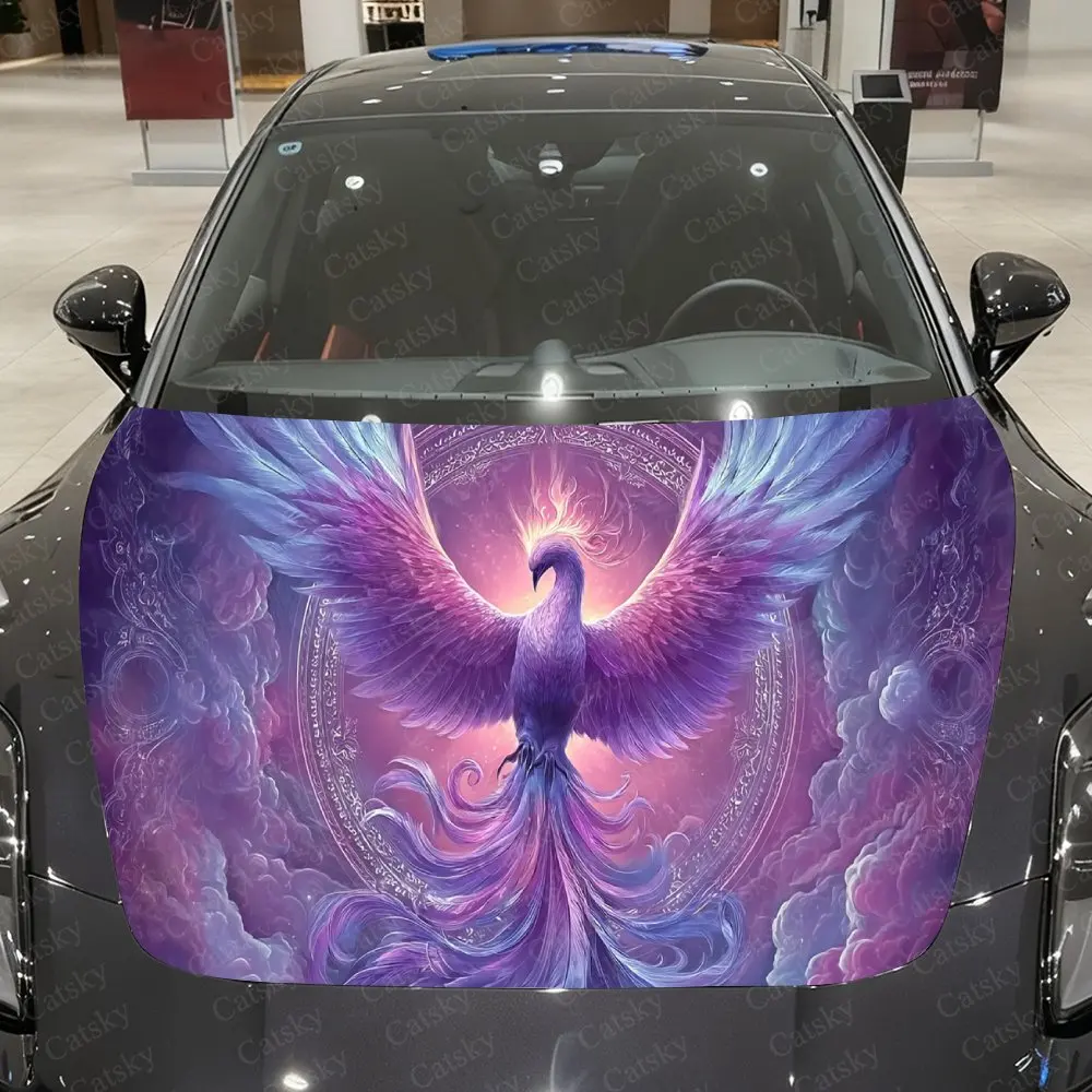 Phoenix with Purple Glow Car Vinyl Wrap, PVC Material Waterproof Car Hood Sticker, Self-Adhesive Scratch-Resistant Stickers