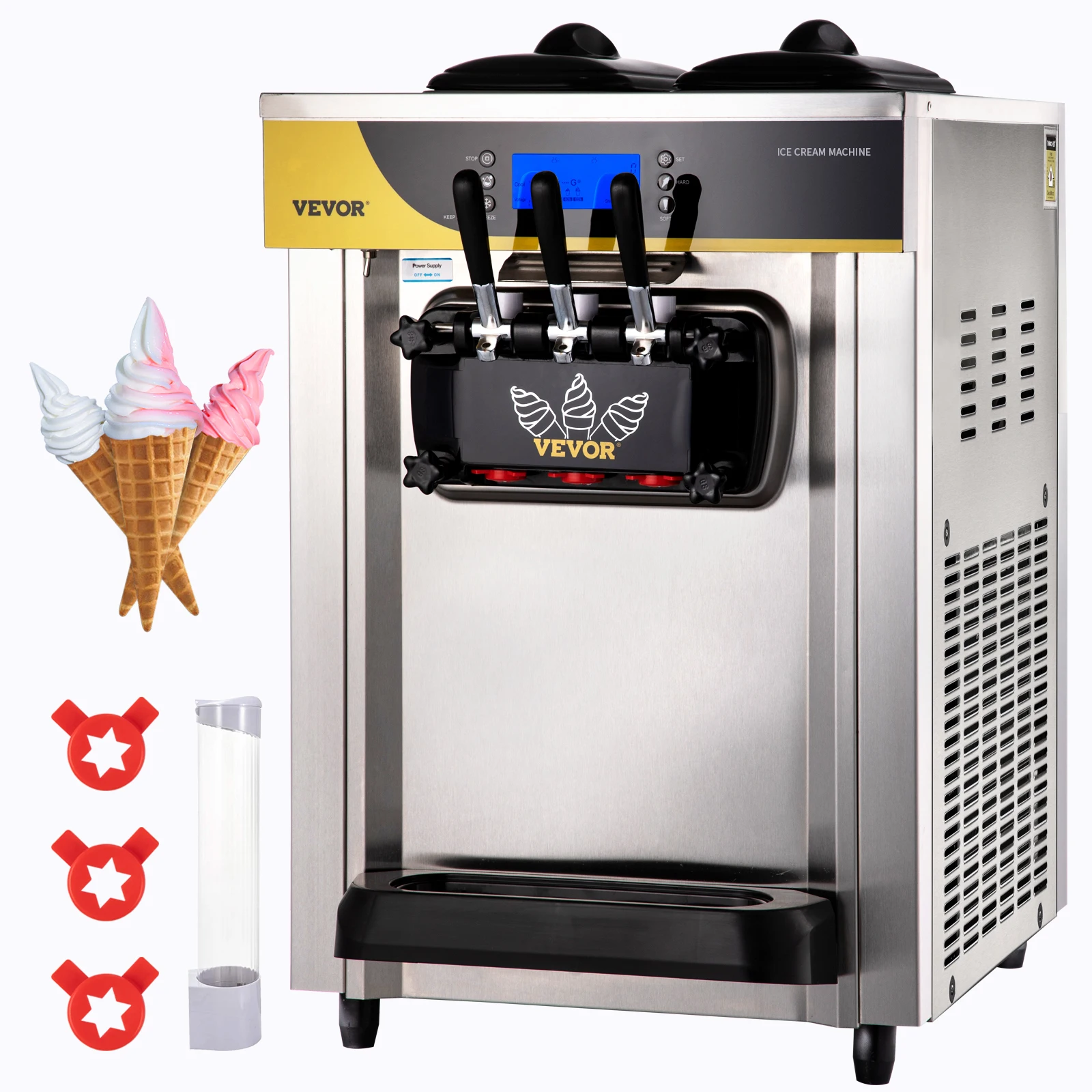 VEVOR Máquina de helado suave comercial 2200 W encimera máquina de helado suave 22-30 L/hora máquina de helado suave escritorio, máquina de helado suave 3 sabores con pantalla LCD máquina de helado