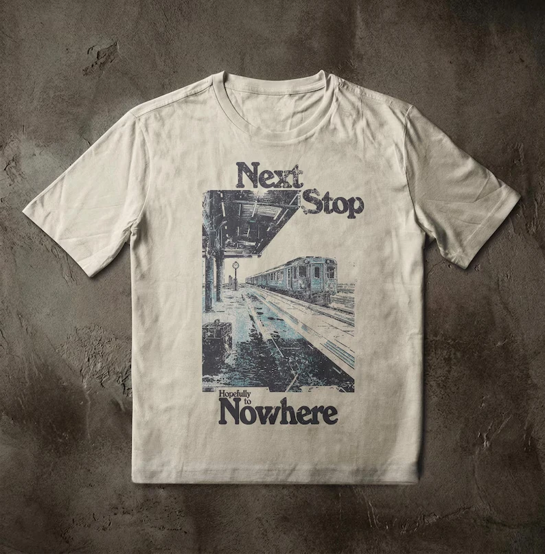 Existentialist Train Station T-shirt Retro Nihilistic Pattern Shirt  Loose-fitting Casual Unisex Streetwear Shirt mens t shirts