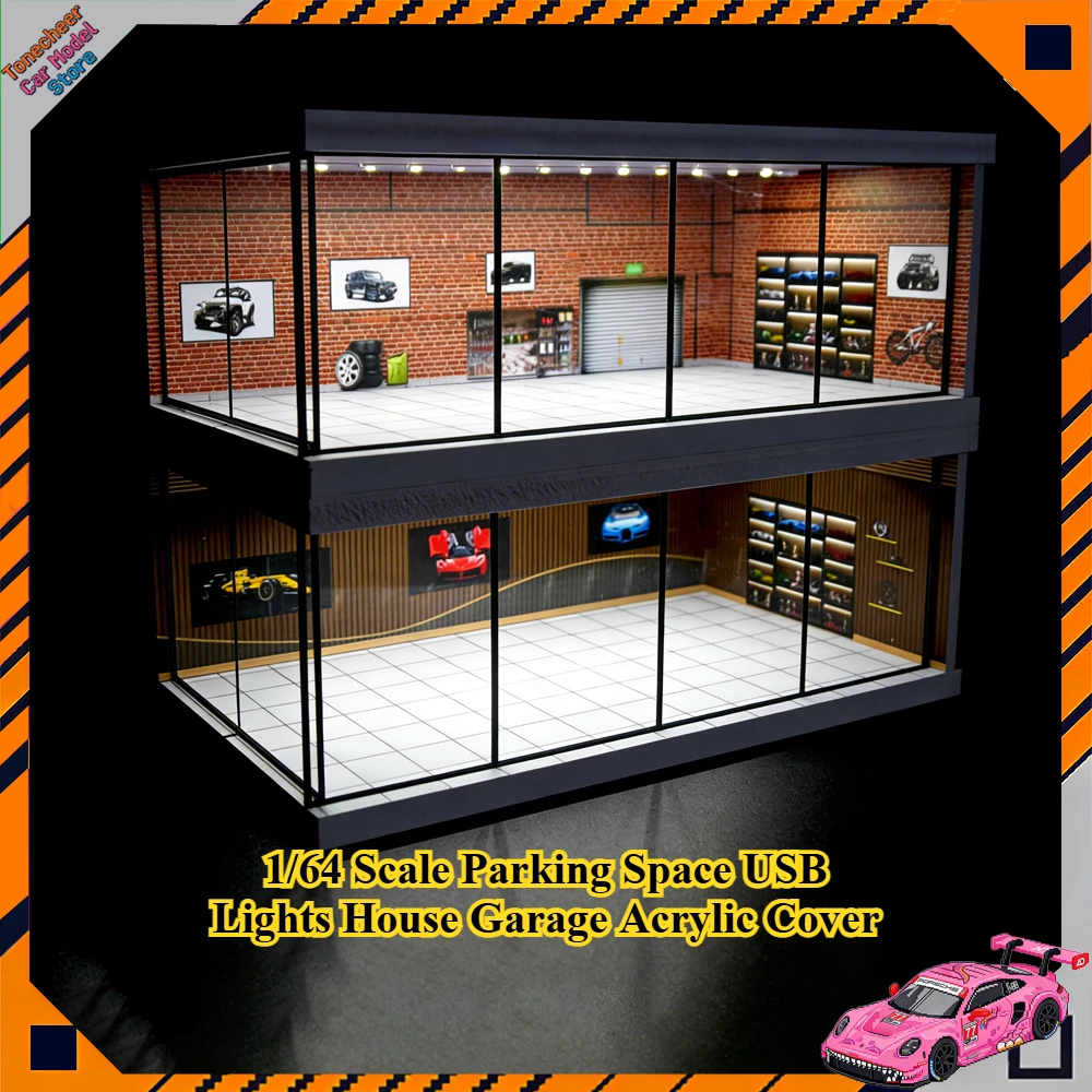 

1/64 Scale Parking Space USB Lights House Garage Acrylic Cover Alloy Car Model Parking Plastic DIY Assembly Kit Collection Toys