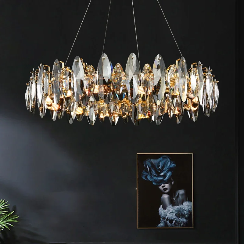 Modern Crystal Chandelier For Living Room Luxury Smoky Gray  Lamp Bedroom Hanging Light Golden Round Shape  Body