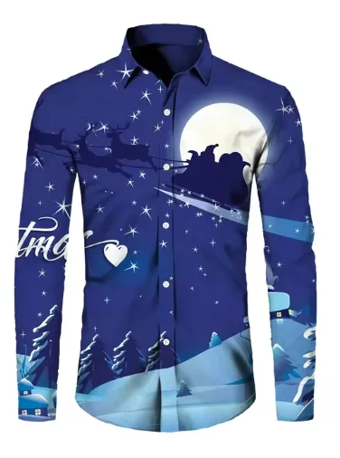 2024 New Christmas Men's Shirt Long Sleeve Tops Christmas Theme 3D Printing Holiday Party Wear Casual Men's Christmas Shirt 