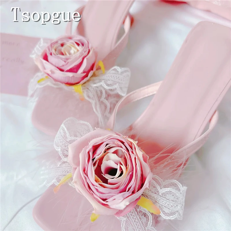 Sweet Pink Rose Lace Feather Decor Mule Square Open Toe Kitten Heel Slides Elegant Bridal Wedding Lolita Girls Dress Sandals - view 3