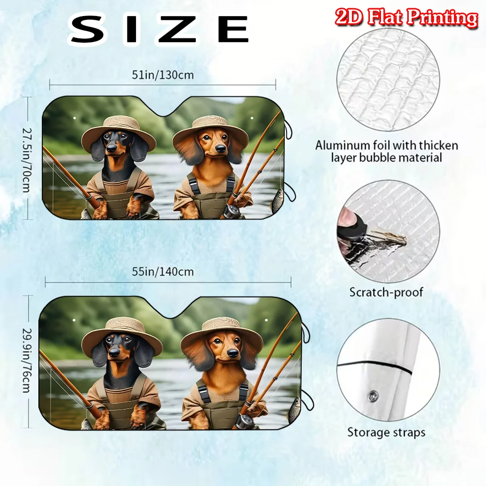 1pc,2D Flat Printing, Vivid Fishing Dachshund Duo Practical And Aesthetically Pleasing Car Windshield Sun Visor, Anti Exposure S