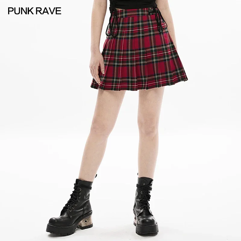 

PUNK RAVE Women's Daily Dark Plaid Woven Pleated Skirt Faux Leather Logo Decorated Punk Style Playful Young Mini Skirts