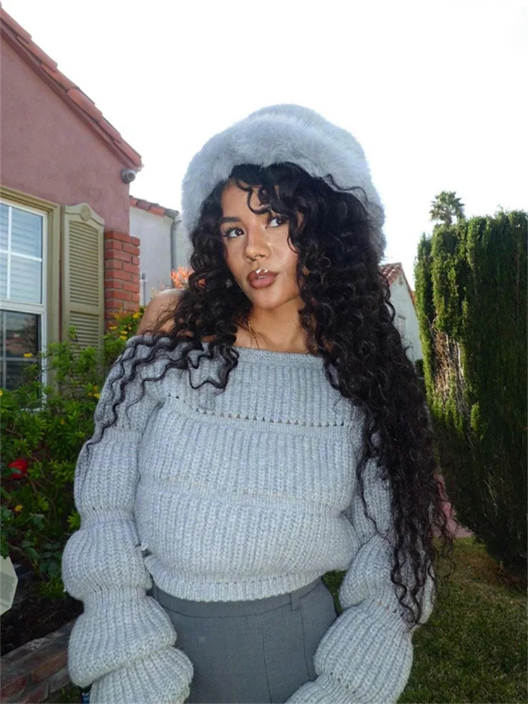 

InGrily классический вязаный свитер с разрезом на шее, женский осенний модный свитер с воздушными шариками и рукавами, элегантные повседневные простые базовые уличные футболки