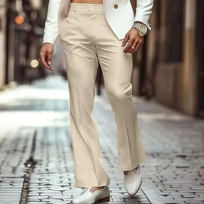 Mens High Waist Flared Dress Pants Solid White Gray Boot Cut Trousers Elegant Business Casual Full Length Plus Size Fashion Pant