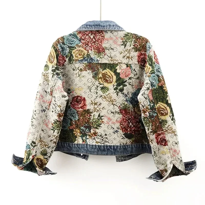 2024 Spring Autumn New Print Denim Jacket Splicing Long Sleeve Lapel Pocket Denim Tops Women\'s Short Jacket Fashion Cowgirl Coat