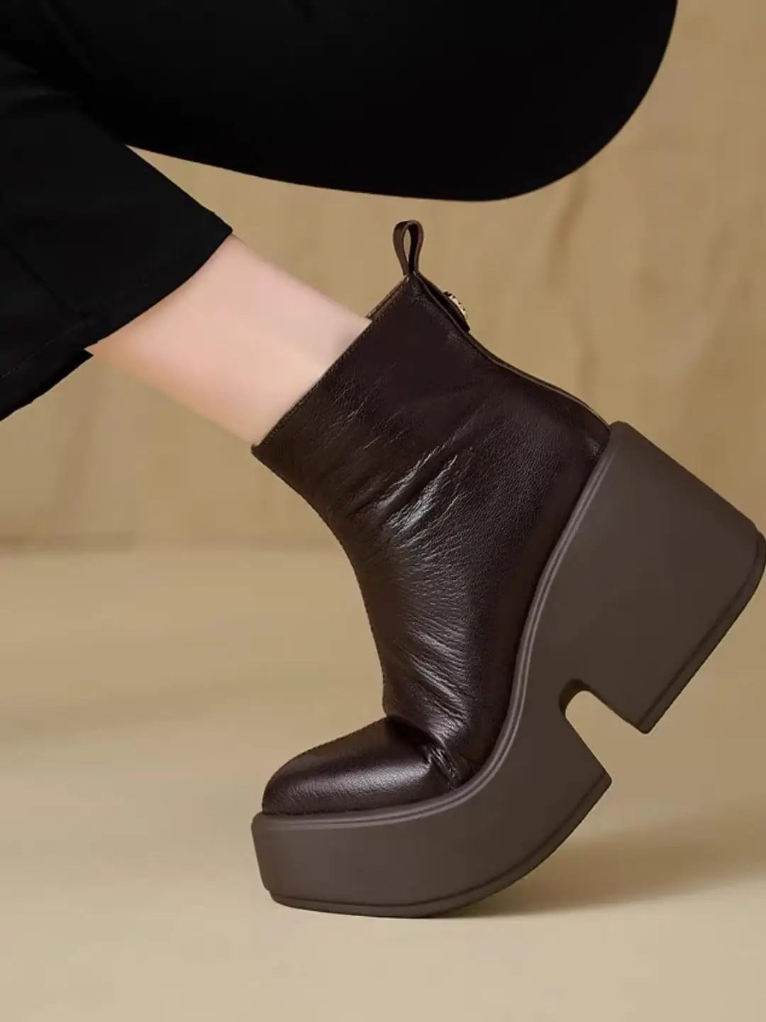 

Women's Genuine Leather Thi Heel ort Boots Autumn Winter New Sle round Toe Retro Waterproof Platform Boots