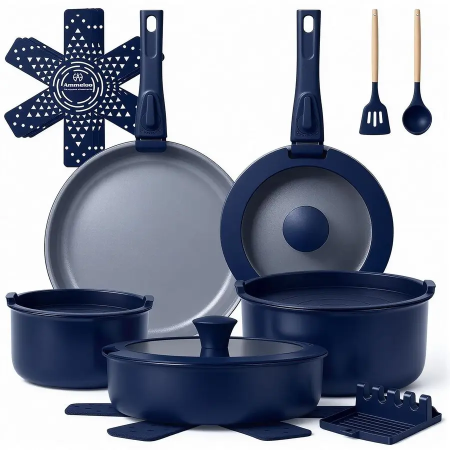 Conjunto de panelas e frigideiras de cerâmica, 18 peças, antiaderente, conjunto de panelas não tóxicas com alças removíveis, conjuntos de panelas para cozinhar, leitura por indução