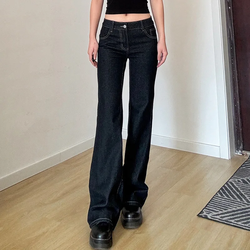 European and American dark blue letter embroidery low-rise skinny jeans girl slim straight leg casual pants