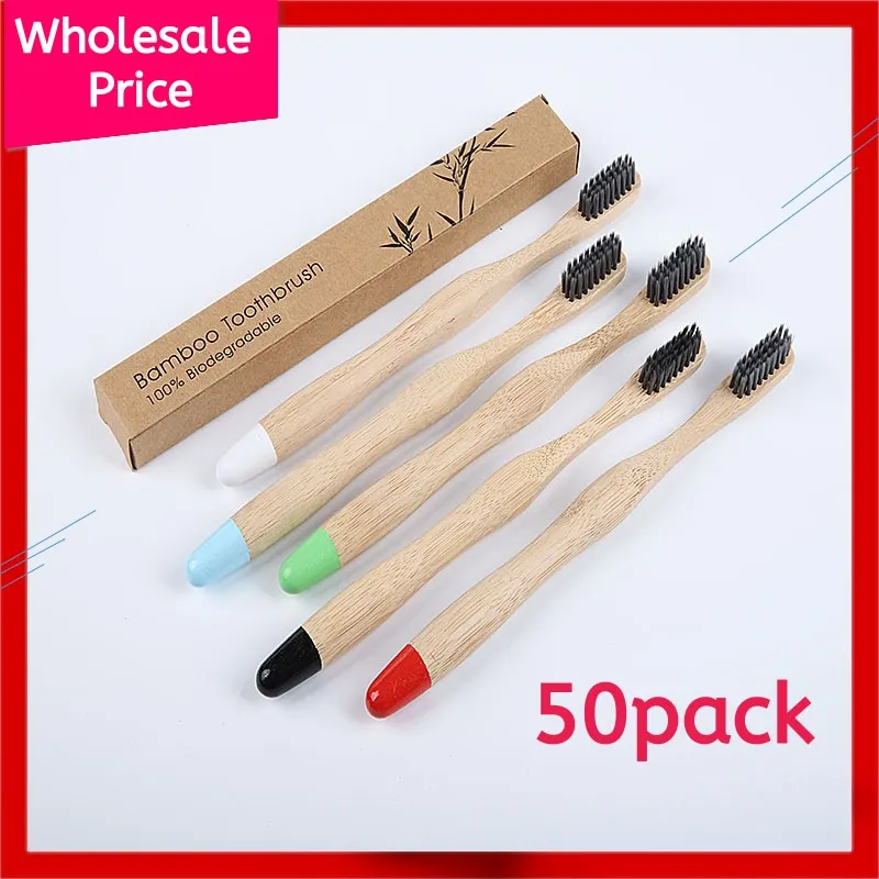 50Pack Bamboo Toothbrushes with Soft Charcoal Infused Bristles,Individual Paper Box