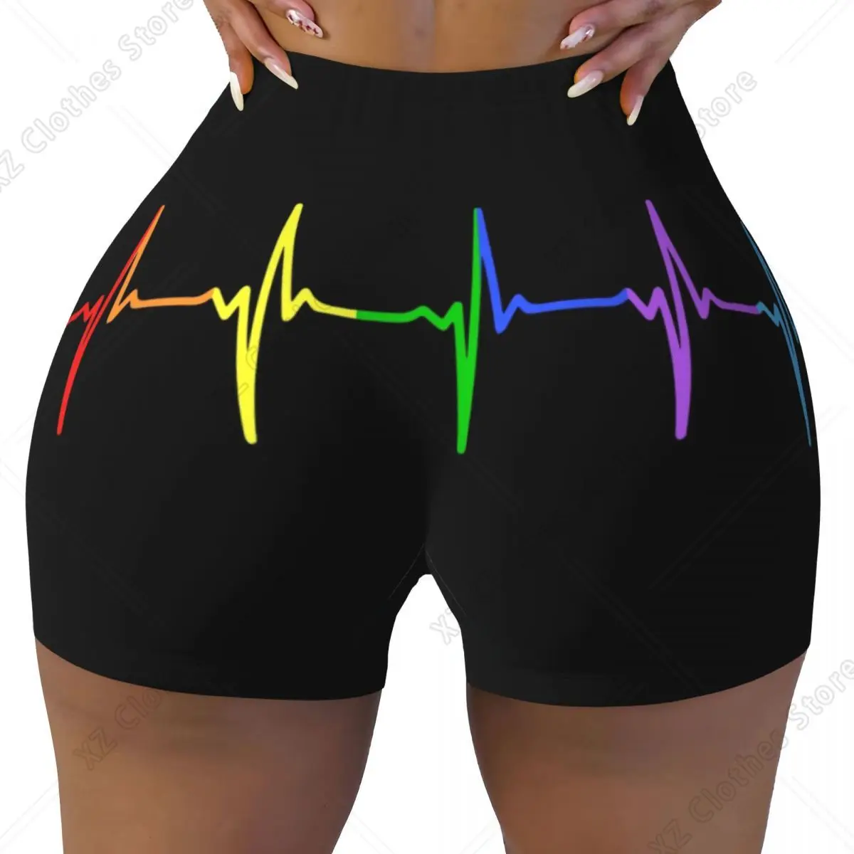 Custom Rainbow Pulse Hearbeat LGBT Workout Volleyball Biker Shorts for Women Lesbian Gay Pride Gym Yoga Shorts