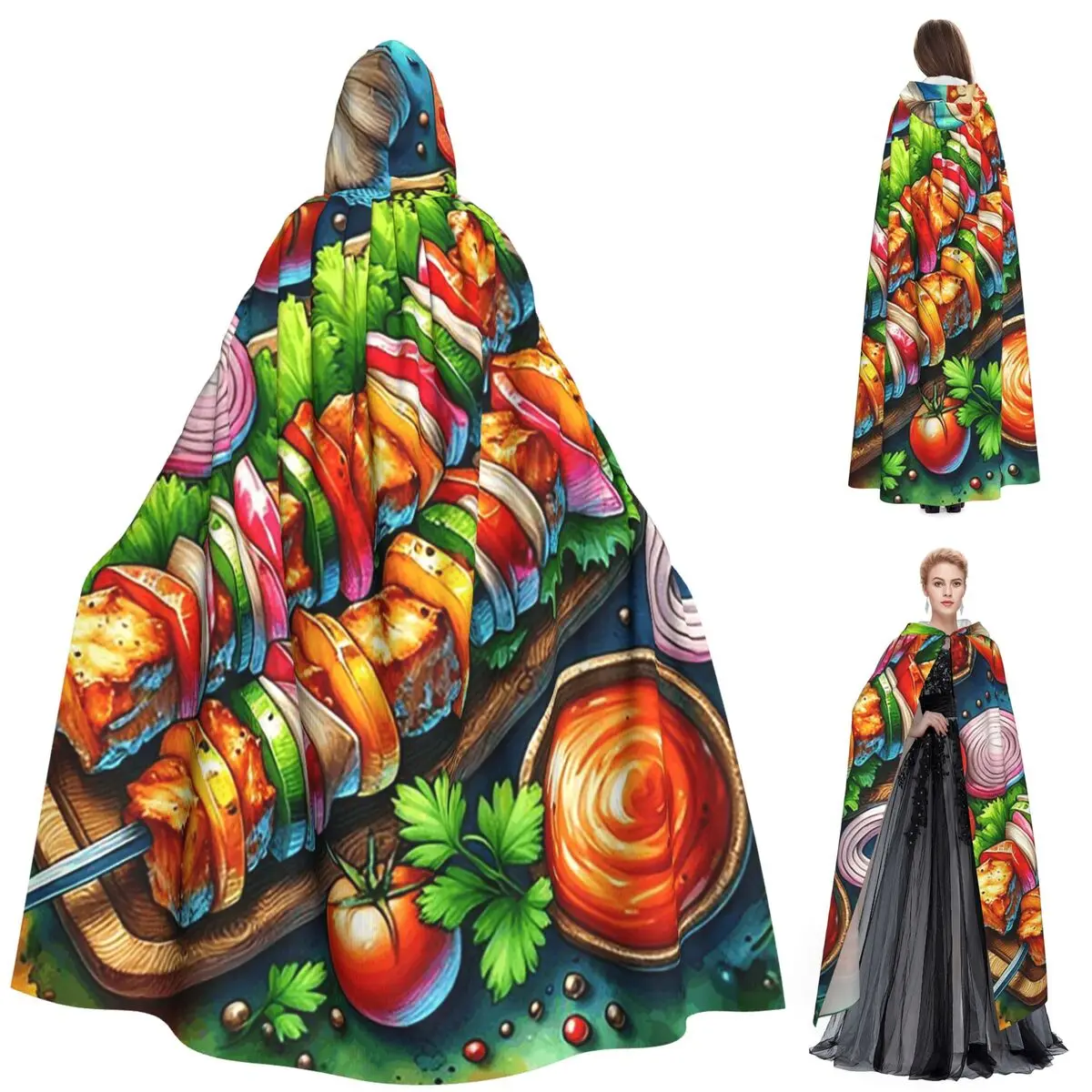 ケバブ新鮮な食材ロングフード付きマント魔女中世コスチュームコスプレケープハロウィンコート大人ユニセックス