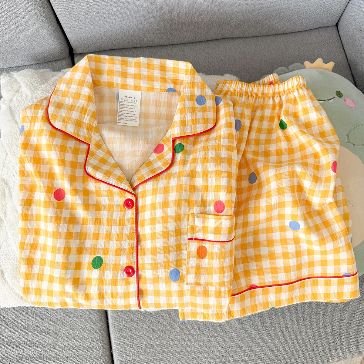 Women's Summer Pajamas, Thin Plaid Polka Dot Pattern Short-Sleeved Shorts, Sweet and Cute, Can Be Worn Outside in Summer, Two-Piece Home Wear Set image 5