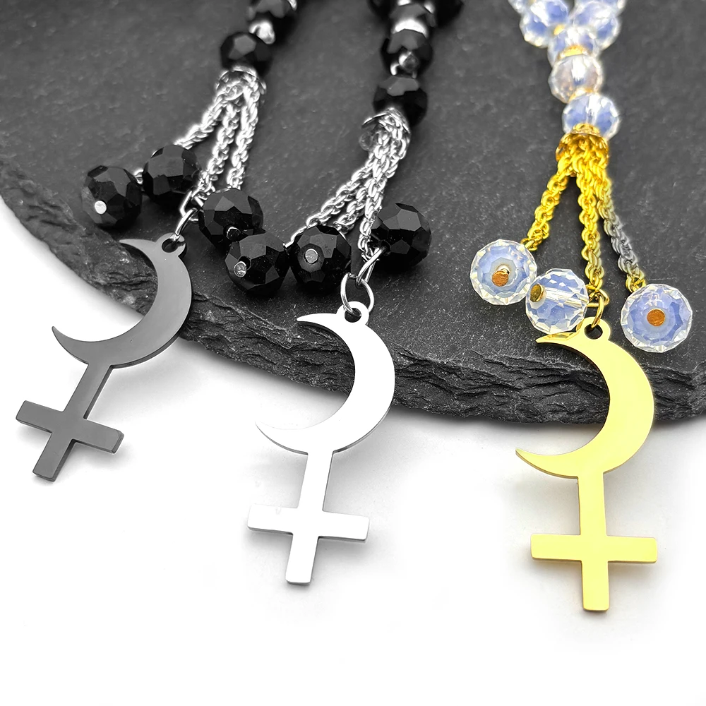 ليليث الهلال مقلوب الصليب سيارة قلادة للنساء الرجال الفولاذ المقاوم للصدأ فضي اللون رمز فلكي علامة الشيطان المجوهرات