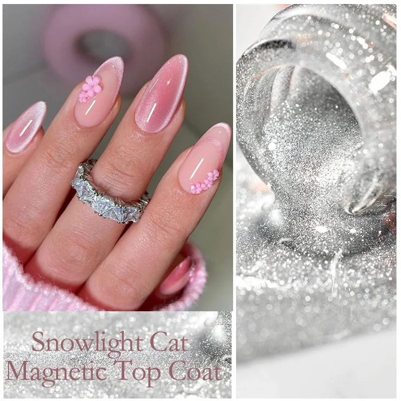 LILYCUTE Silver Light Cat Magnetic Top Coat Gel Nail Polish Water Light Sparkling Effect Colorful Reflective Nail Art UV Varnish