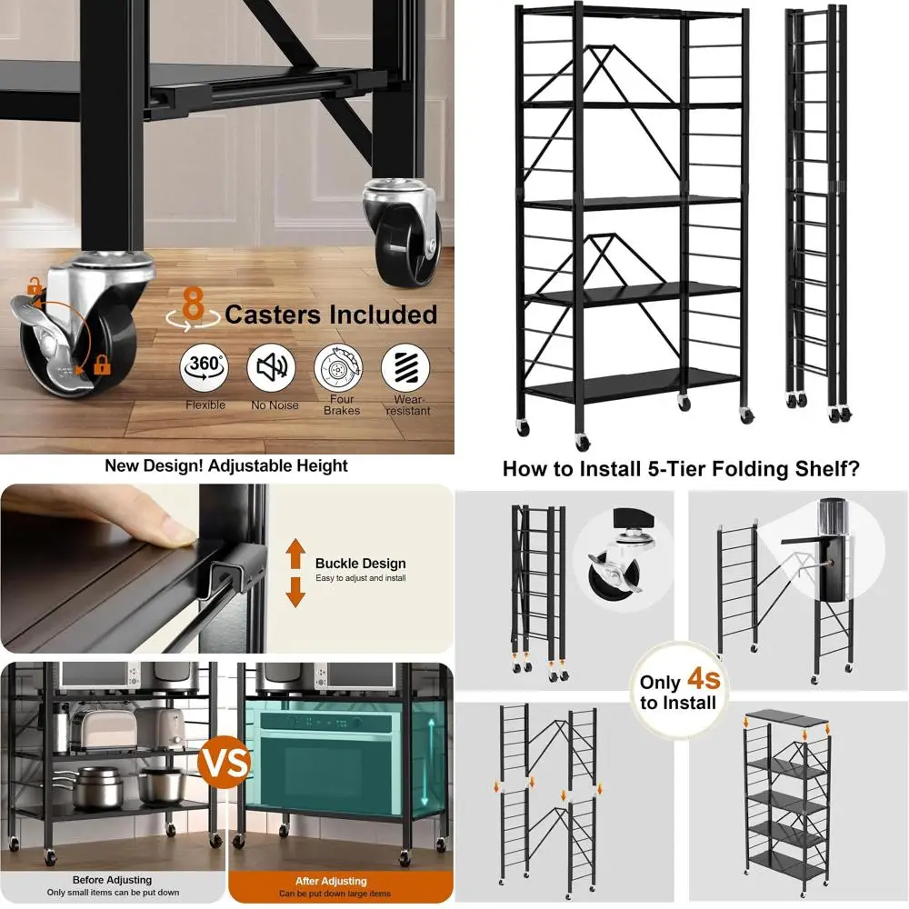 Opvouwbare metalen opbergplanken met 5 niveaus en wielen, verstelbare rekken voor voorraadkast, keuken, garage